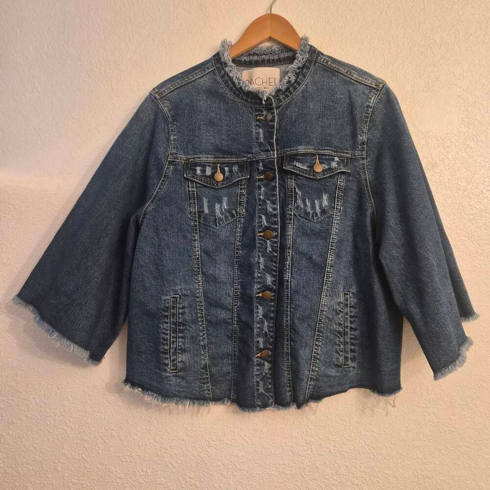 Rachel Roy Distressed Raw Hem Cropped Denim Jean Jacket: 2XL: Flattering Fit